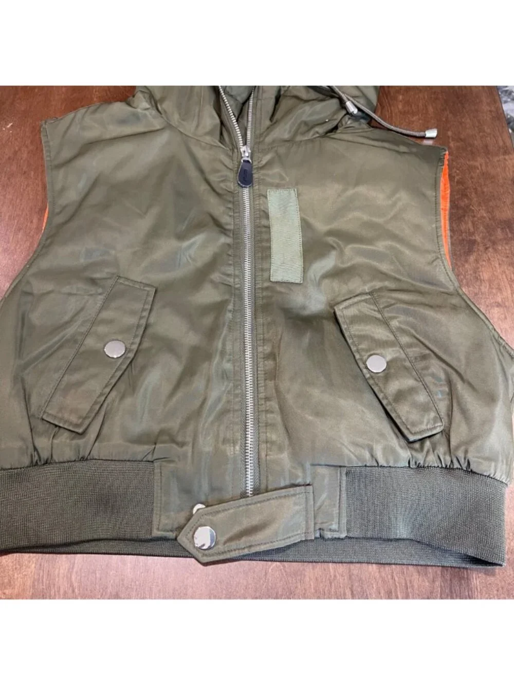 Zara Cropped Hooded Vest Womens Size Large Green Full Zip High Neck Snap Pockets